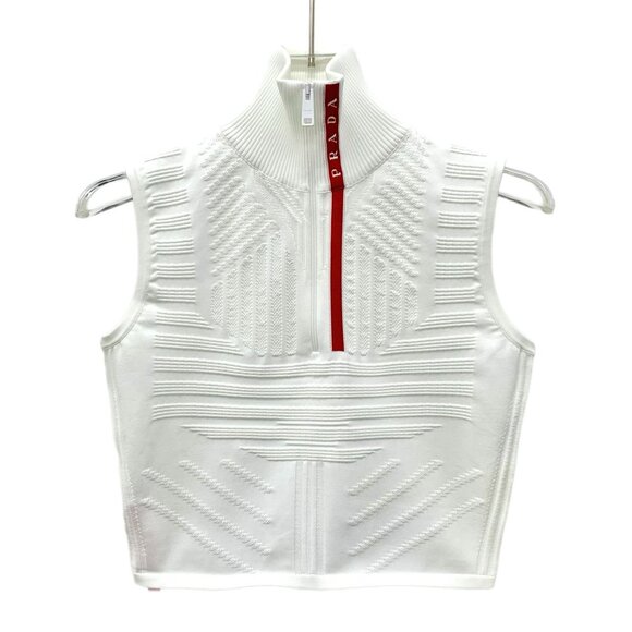 Prada White Ribbed Standneck Semi-Zip Sleeveless Knitted Vest Womens Size 38 S - Picture 1 of 8